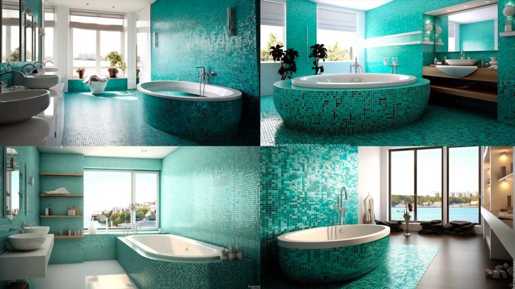 Badezimmer mit türkisenem mosaic und Fliesen.