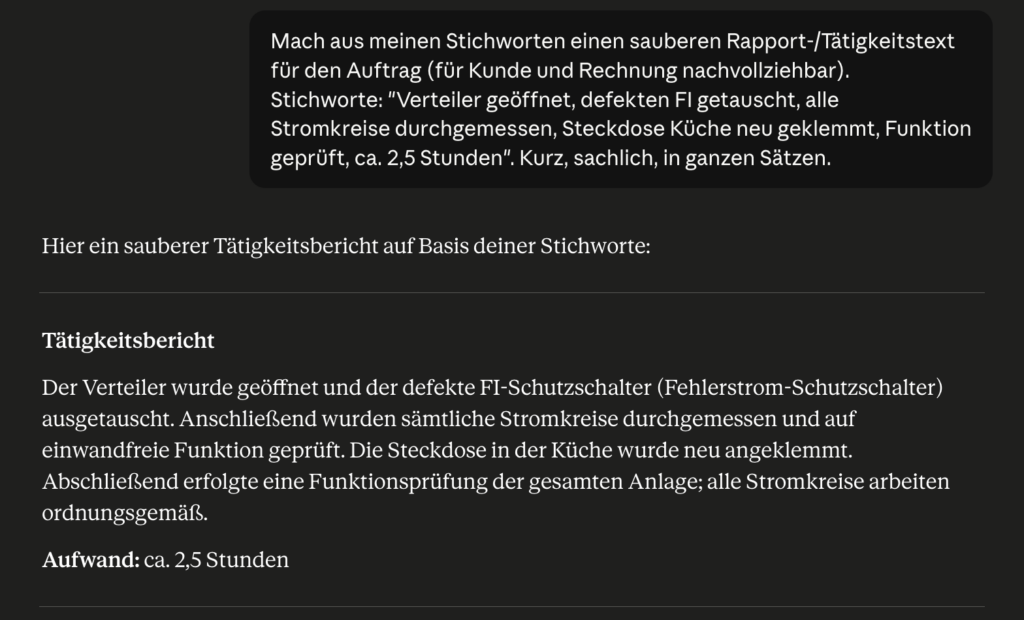 Elektriker Rapport mit KI